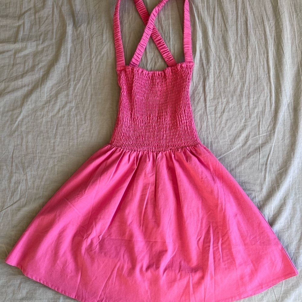 Et Clet Pink Smocked Bust Criss Cross Open Back Mini Dress In Size S Linen Blend